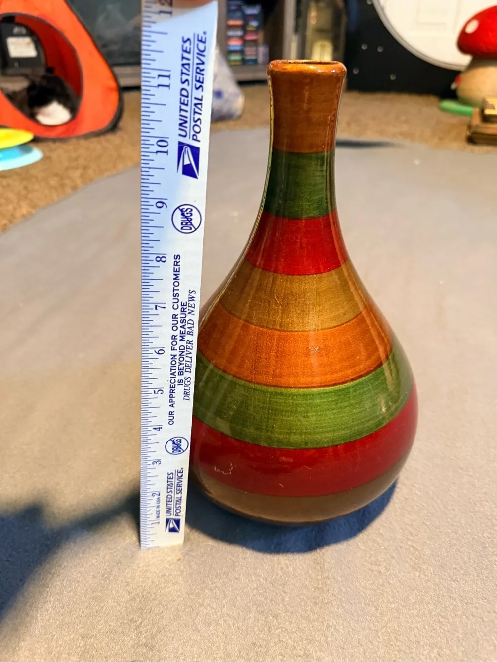 Hand-Painted Striped Ceramic Vase in Red, Green, and Gold